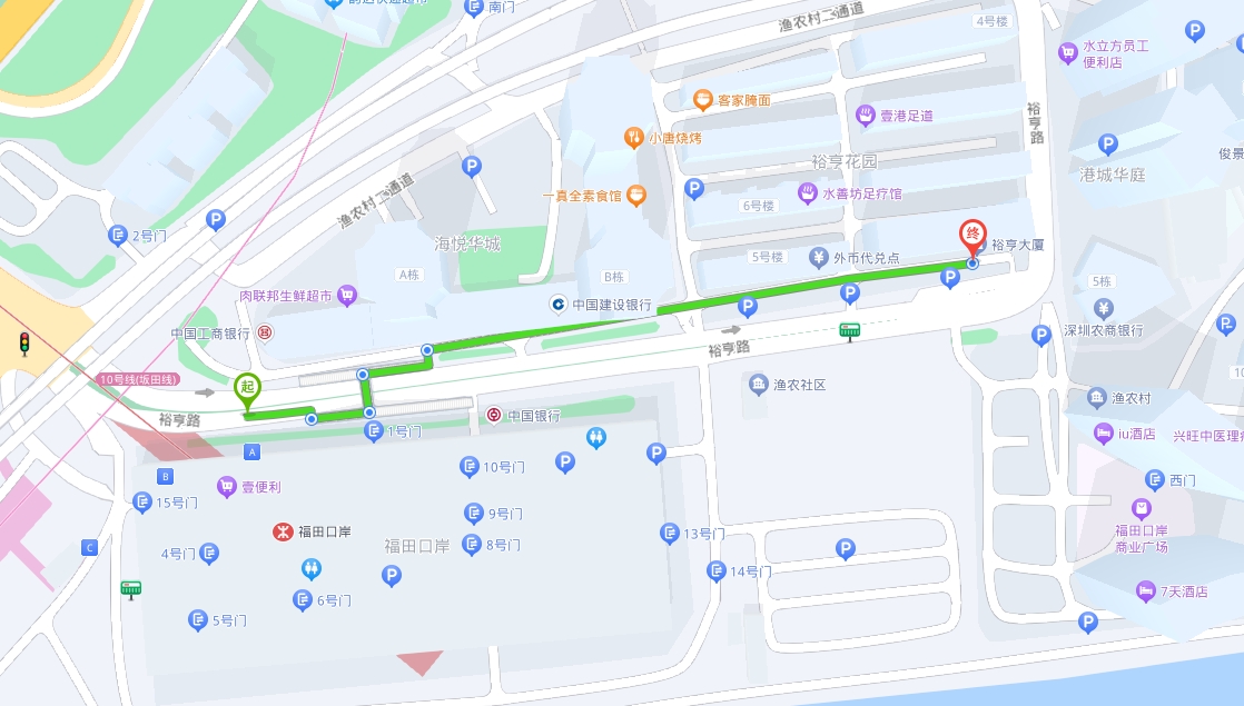 福田口岸地铁站到裕亨口腔诊所步行示意图